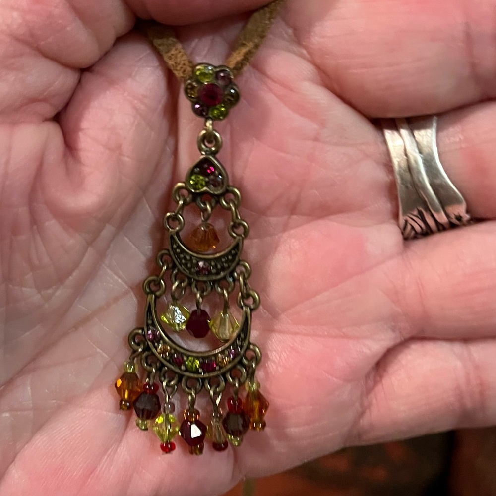 Necklace CHANDELIER AB Crystal Beads on a Suede Leather Strip DESIGNER Signed VG